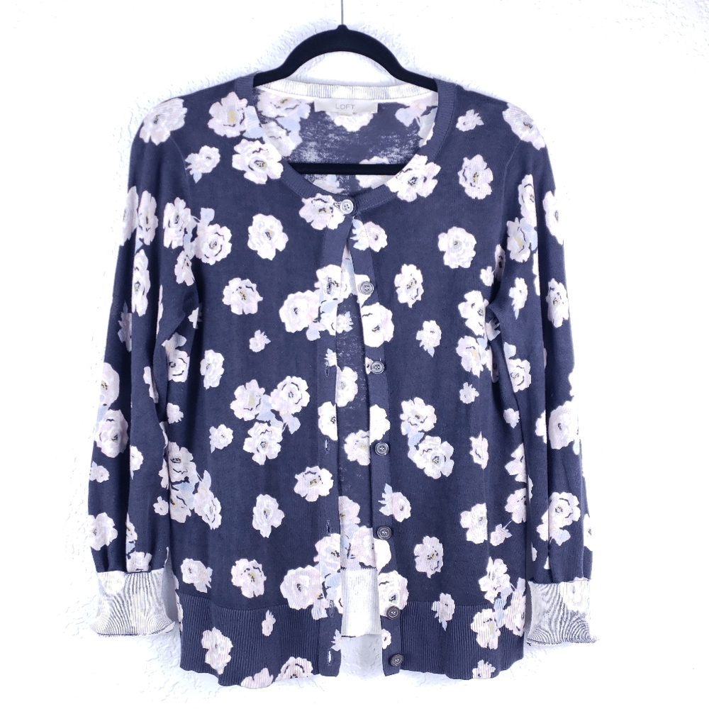 LOFT Women’s 100% Cotton Floral Button Front Sweater – Gray & Blush Pink – Size - Picture 2 of 10
